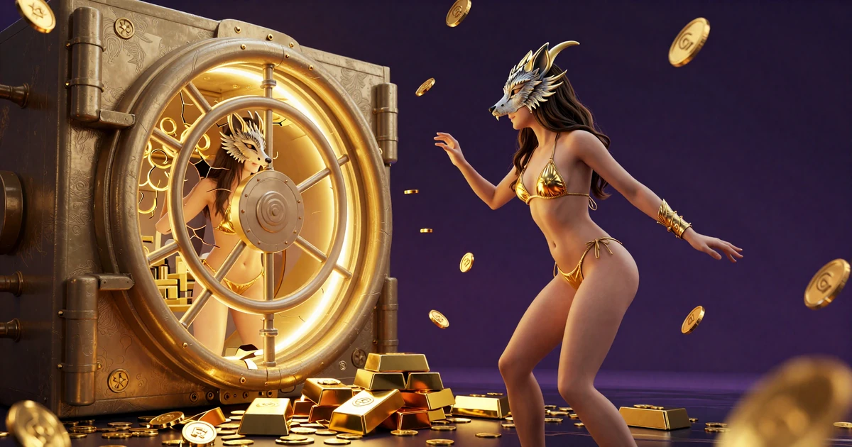 Frau in Bikini mit Ph&ouml;nixmaske &ouml;ffnet einen magischen goldenen Tresor als Symbol f&uuml;r die Vavada Curacao License