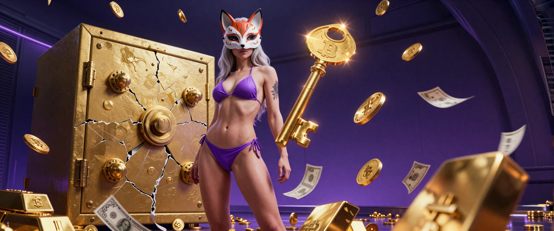 Frau im Bikini mit Fuchsmaske h&auml;lt einen goldenen Schl&uuml;ssel vor einem Tresor als Symbol f&uuml;r Vavada Registration